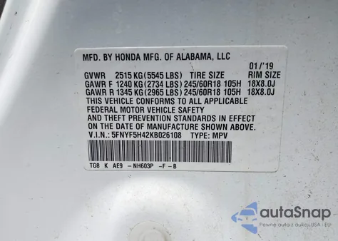 2019 Honda Pilot Ex-L from USA, damaged, VIN 5FNYF5H42KB026108